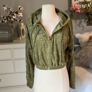 Crushed Velvet Cloud Chaser Hoodie Olive Green Comfy Zip Jacket Cropped Womens S